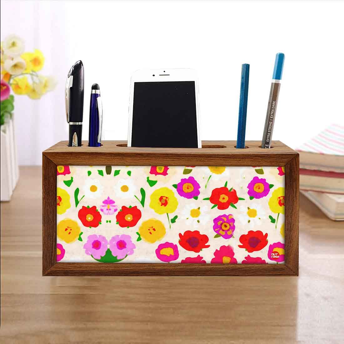 Wooden Table Organizer Pen Mobile Stand - Pretty Little Flowers Nutcase
