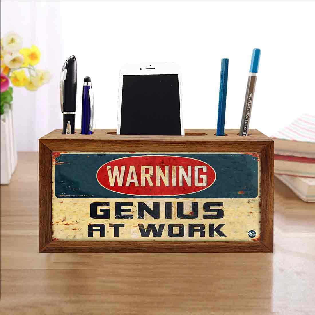 Pen Stand with Mobile Holder Wooden Desk Organizer for Office-Warning Nutcase