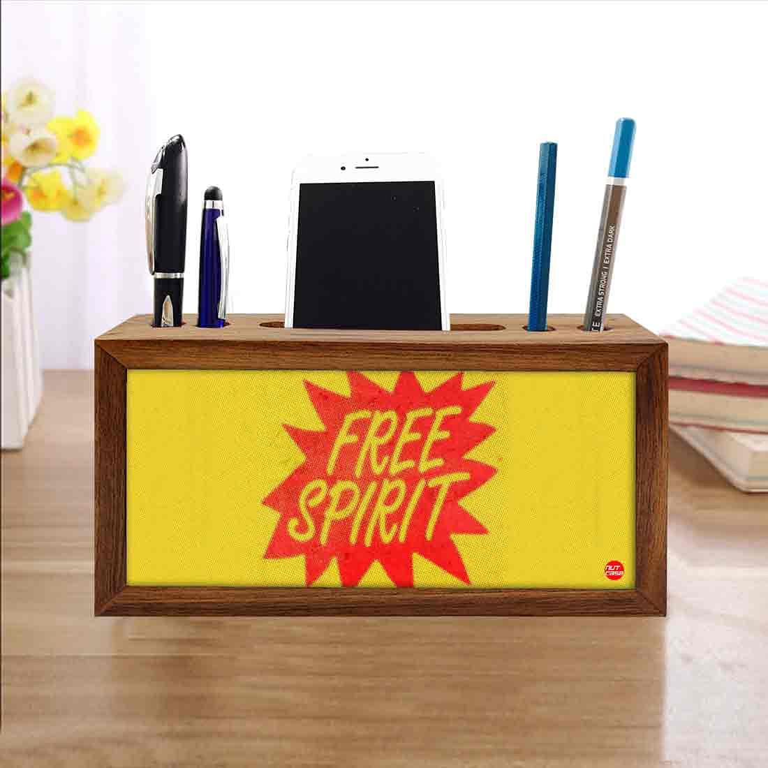 Wooden Desk Organizer Pen Mobile Stand - Free Spirit Nutcase