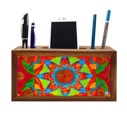 Wooden Table Organizer Pen Stand With Phone Stand for Office - Indian Fabric Nutcase