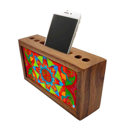 Wooden Table Organizer Pen Stand With Phone Stand for Office - Indian Fabric Nutcase