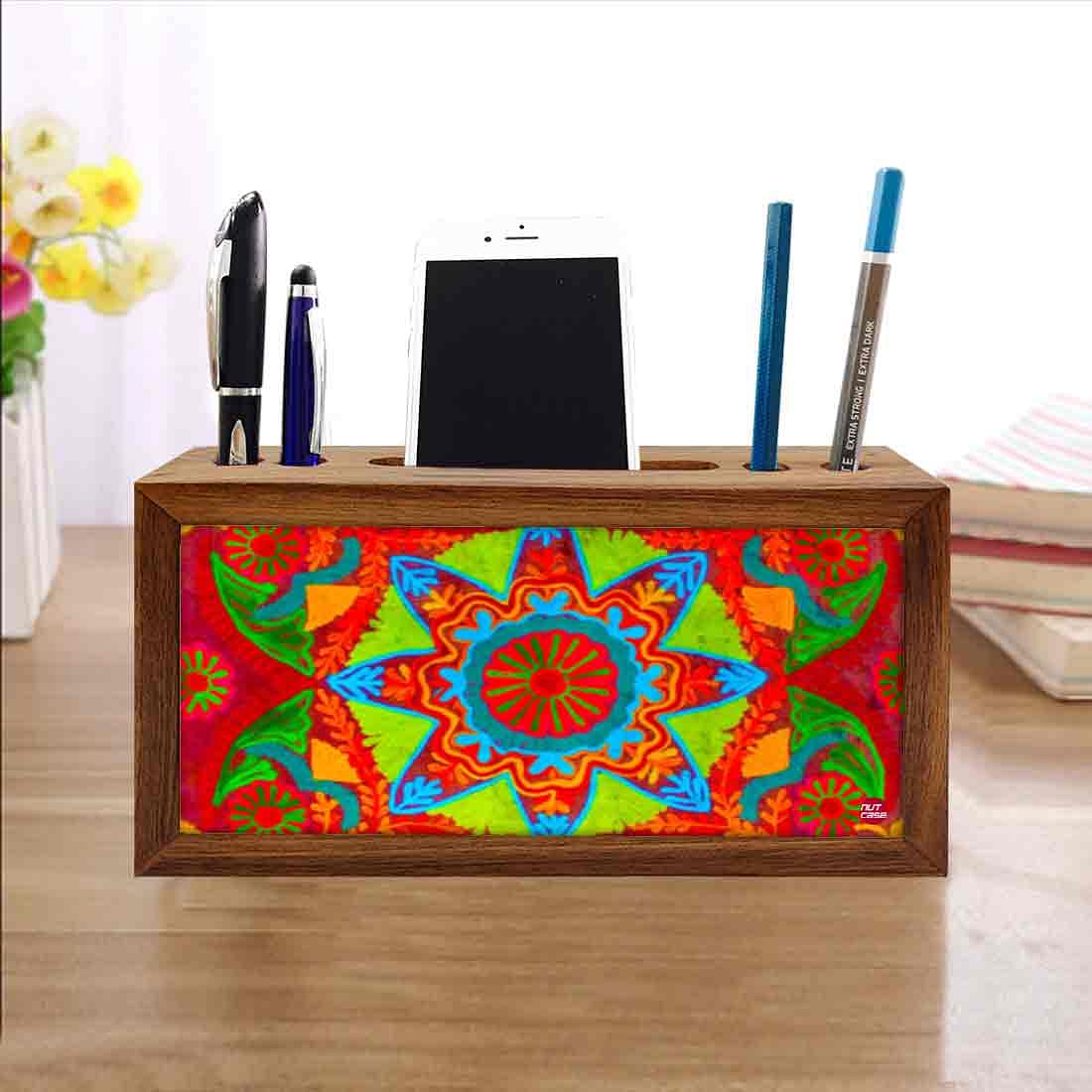 Wooden Table Organizer Pen Stand With Phone Stand for Office - Indian Fabric Nutcase