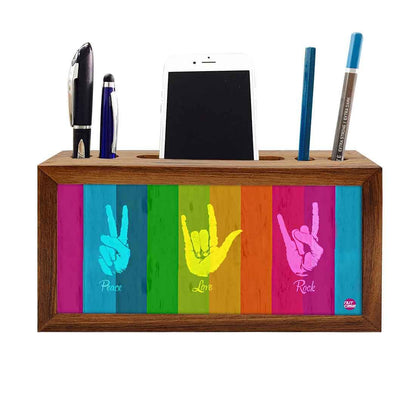 Wooden desk caddy Pen Mobile Stand - Peace Love Rock Nutcase