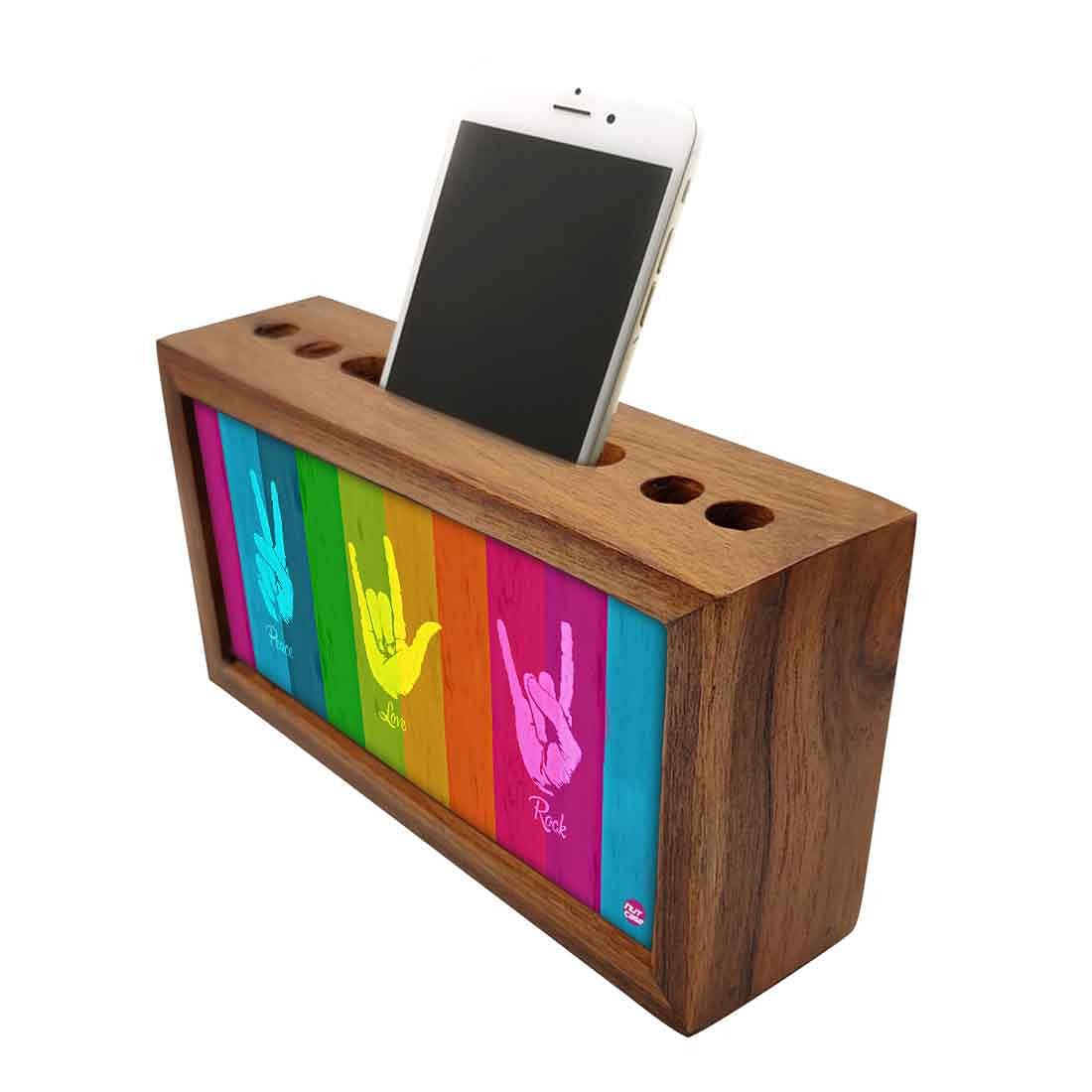 Wooden desk caddy Pen Mobile Stand - Peace Love Rock Nutcase