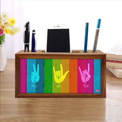 Wooden desk caddy Pen Mobile Stand - Peace Love Rock Nutcase