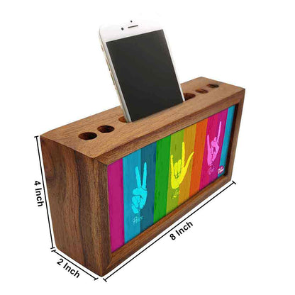 Wooden desk caddy Pen Mobile Stand - Peace Love Rock Nutcase