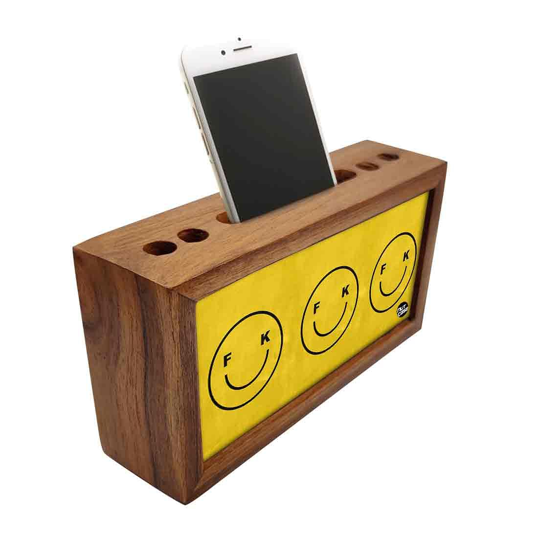 Wooden Desk Organiser Pen Mobile Stand - Cute Faces Nutcase