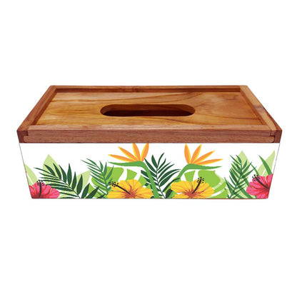 Wooden Rectangular Tissue Box Cover for Home Kitchen - Leaves