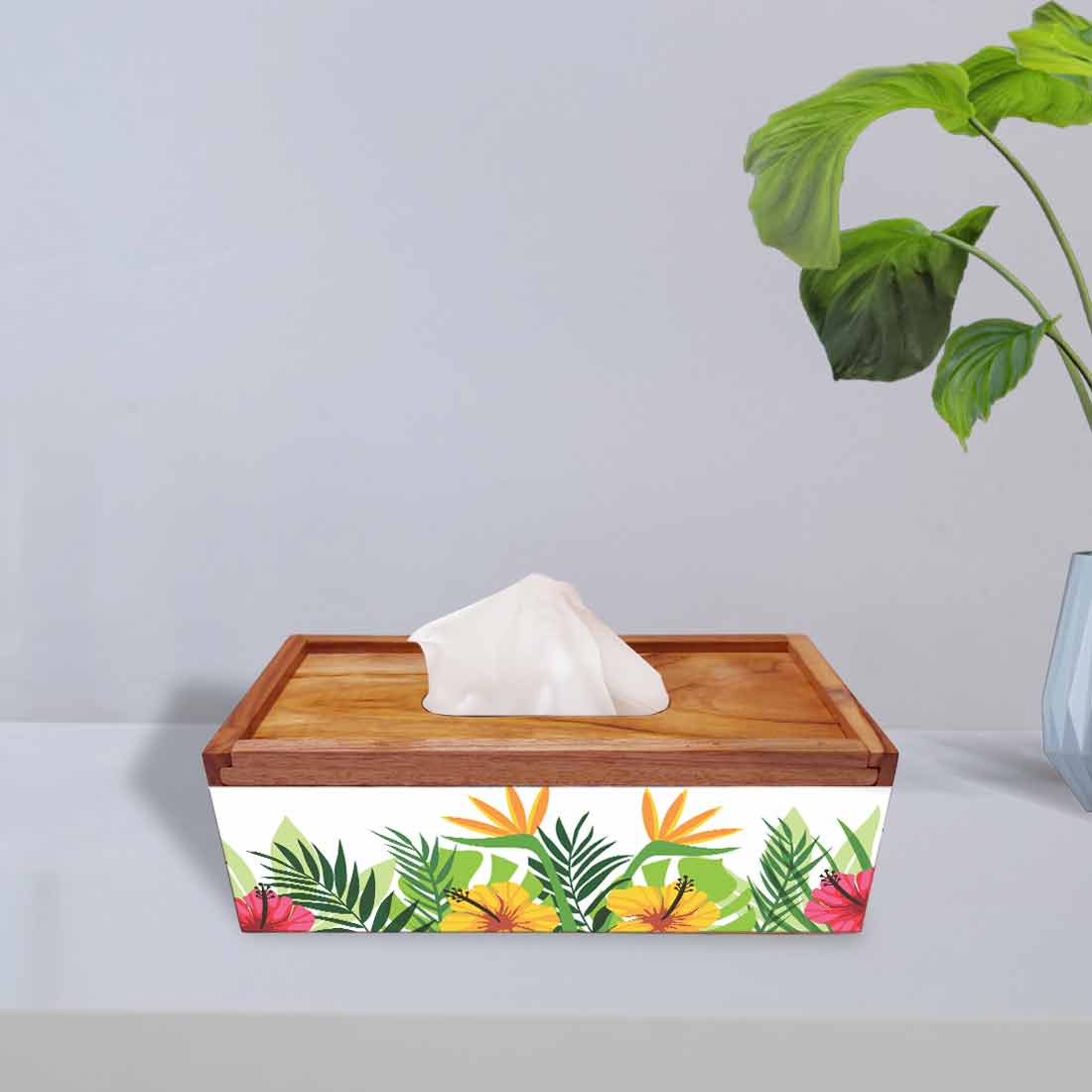 Wooden Rectangular Tissue Box Cover for Home Kitchen - Leaves