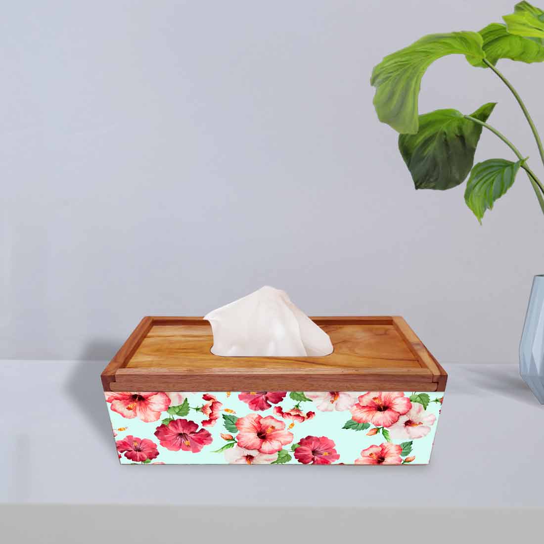 Tissue Paper Holder Box Wooden for Office Home - Hibiscus