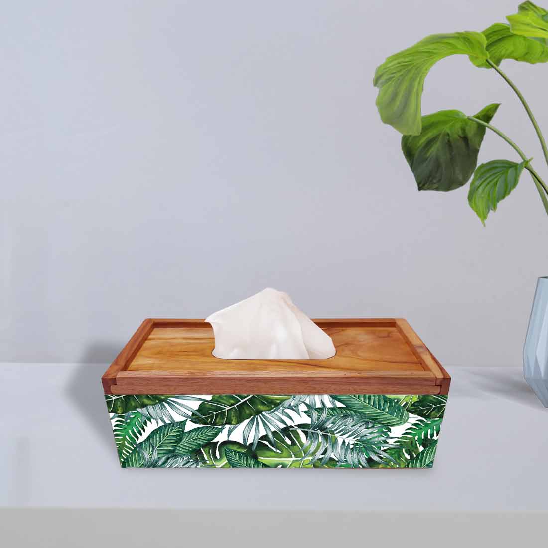 Rectangular Wooden Tissue Box Holder for Car - Leaves