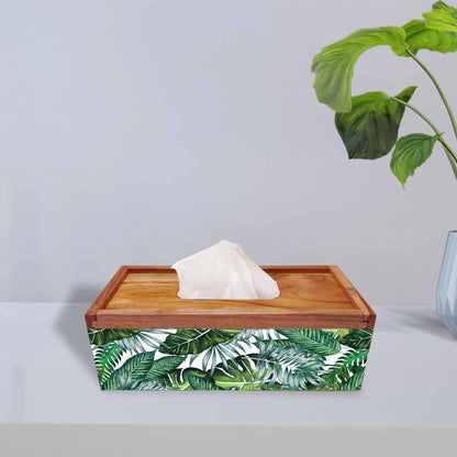 Rectangular Wooden Tissue Box Holder for Car - Leaves