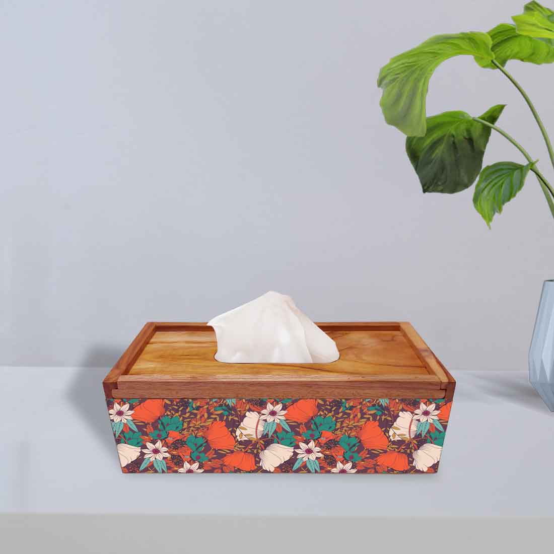 Rectangular Tissue Stand Holder Wooden for Home Office - Flower