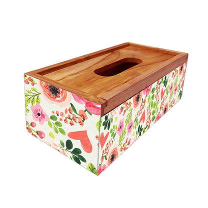 Wooden Rectangular Tissue Box Cover for Home Kitchen - Flowers