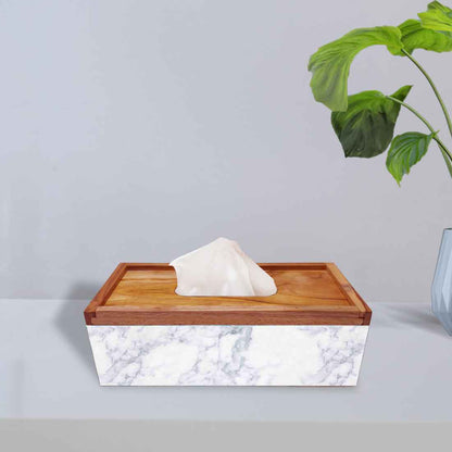 Wooden Tissue Box Cover Holder for Office Car - White Marble