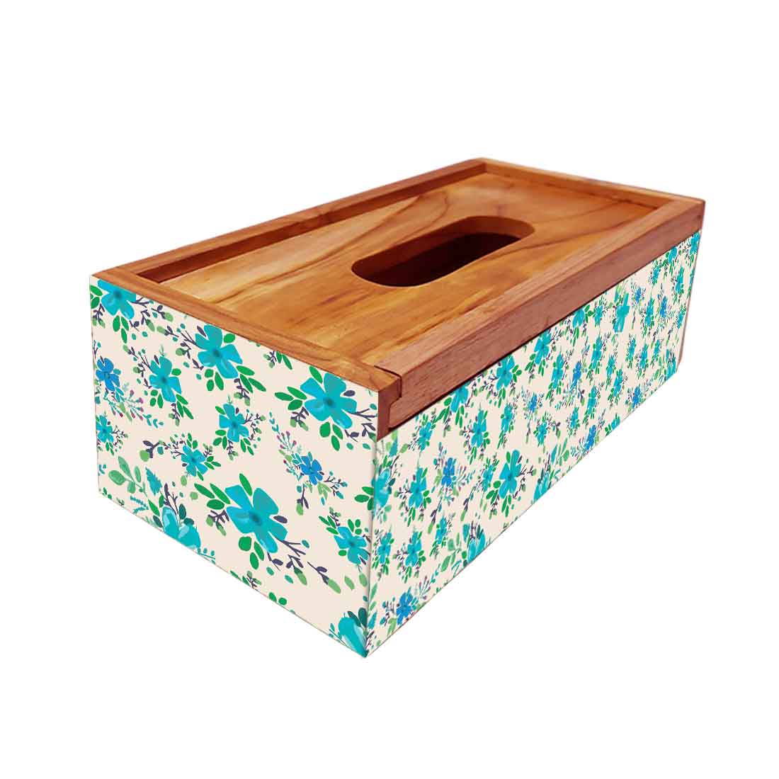 Wooden Tissue Box Holder for Office Home Car Use - Blue Flowers