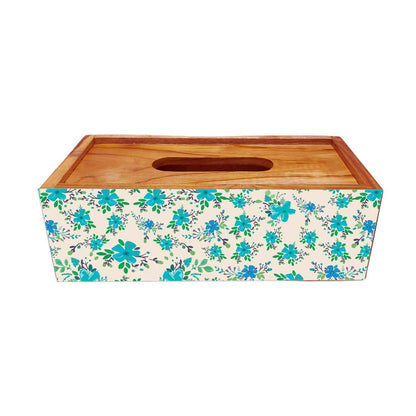 Wooden Tissue Box Holder for Office Home Car Use - Blue Flowers