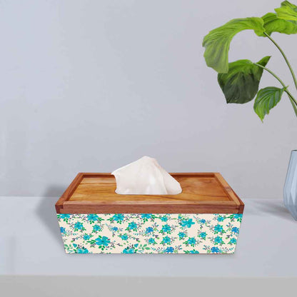 Wooden Tissue Box Holder for Office Home Car Use - Blue Flowers