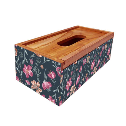 Wooden Rectangular Tissue Holder for Bathroom - Flowers