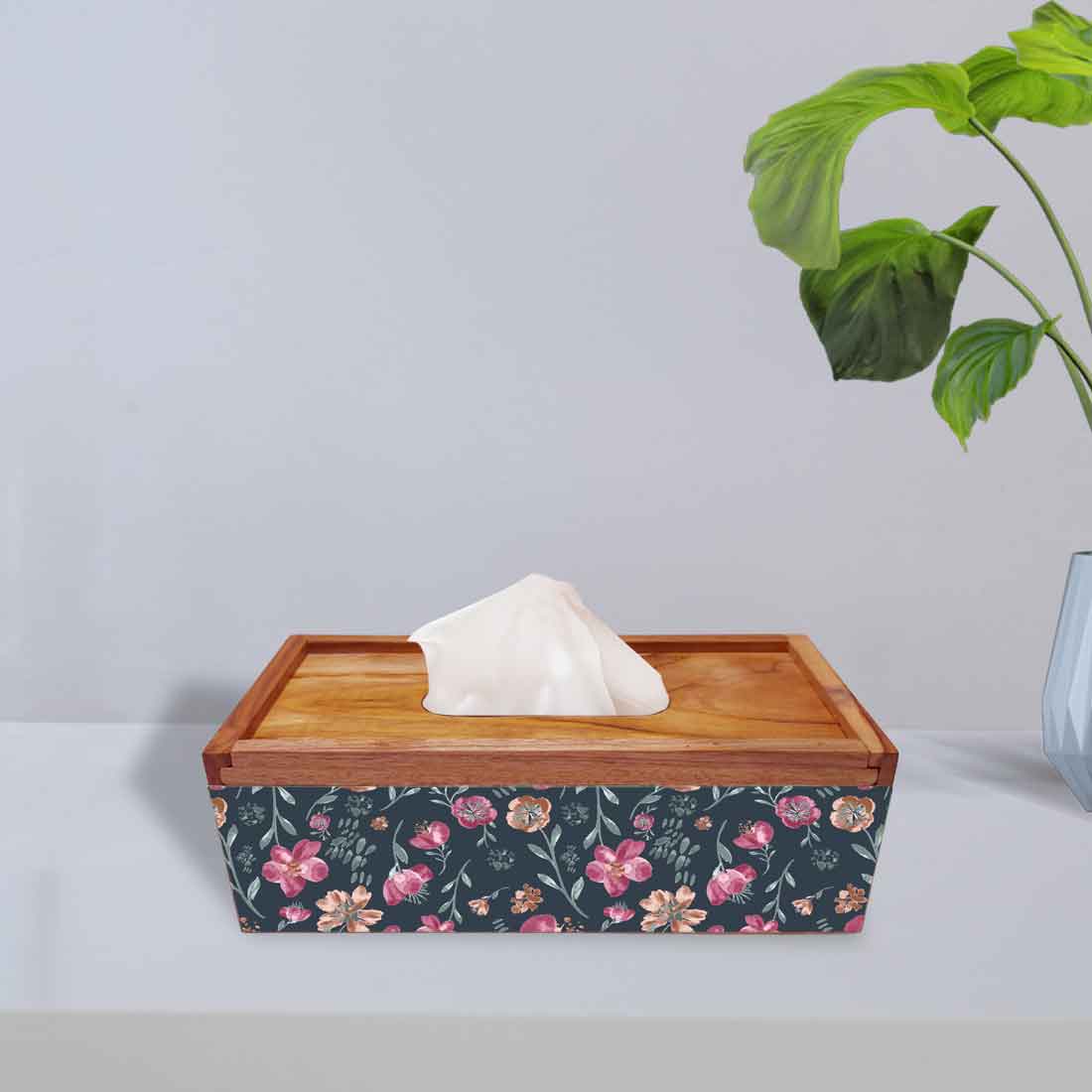 Wooden Rectangular Tissue Holder for Bathroom - Flowers