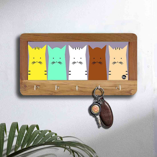 Key Holder Wall Decor With  5 Hooks Keys Hanger - Colorful  Cats Nutcase