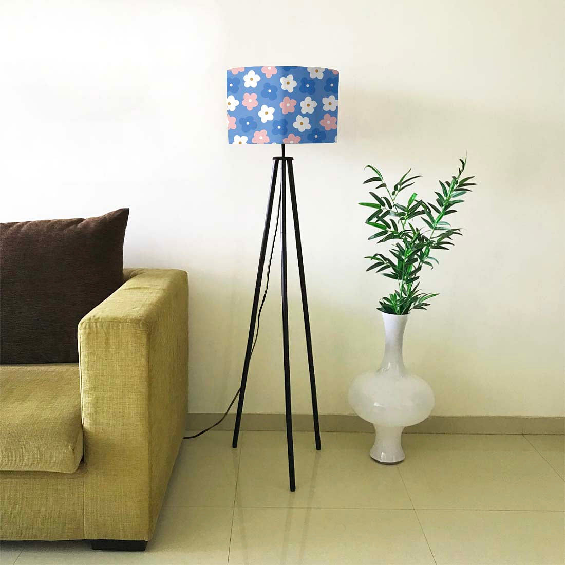 Tripod Floor Lamp Standing Light for Living Rooms -Blue Pink Flowers Nutcase