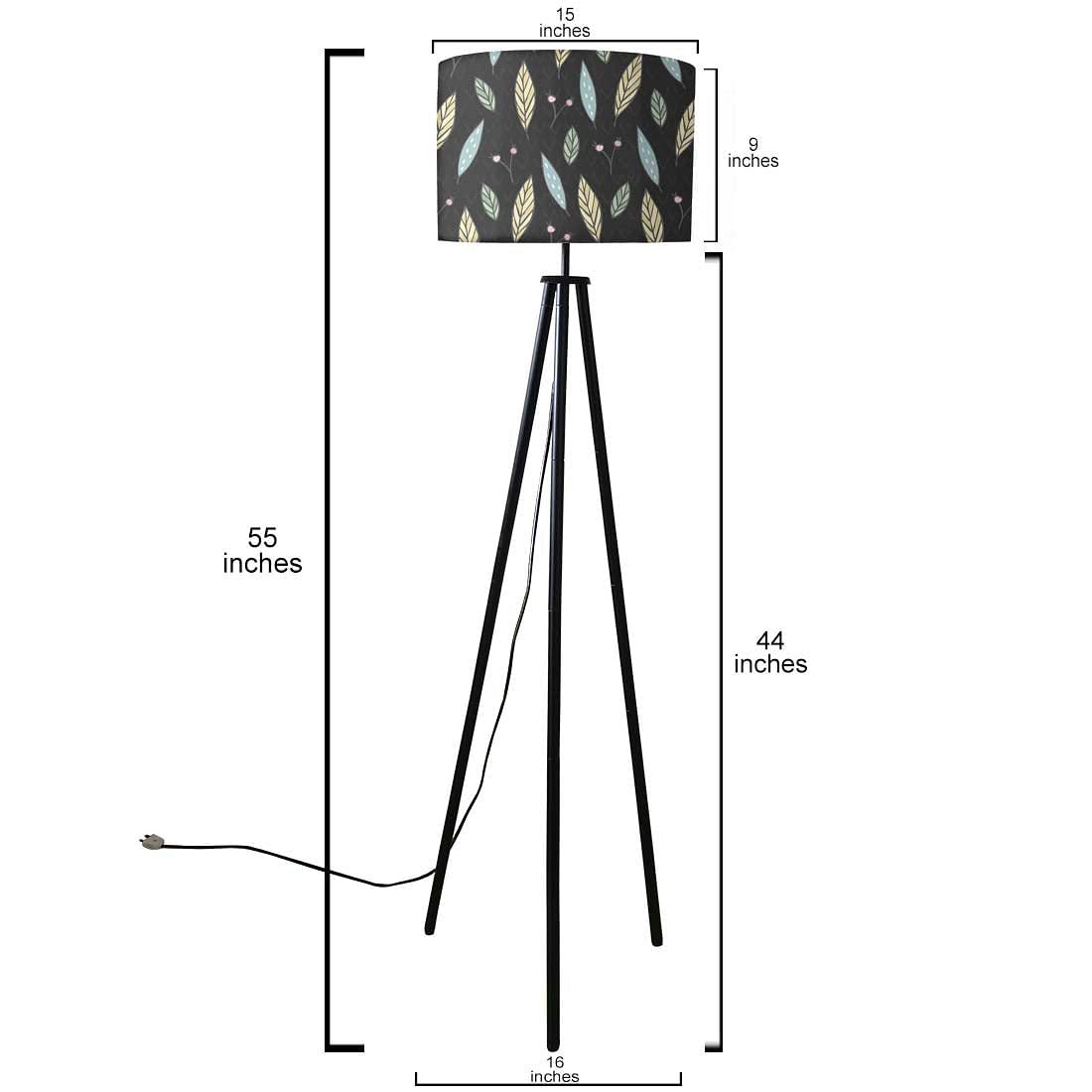 Tripod Floor Lamp Standing Light for Living Rooms - Leaves On Black Nutcase