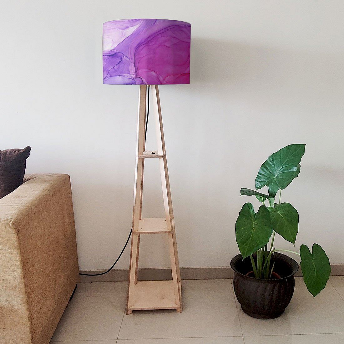 Wooden Corner Lamps with Shelves  -   Dark Pink Purple Ink Watercolor Nutcase