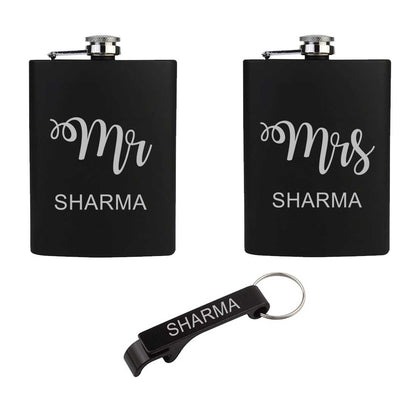 Personalized Engraved Set of 2 Hip Flasks with Opener Gift Box Mr Mrs