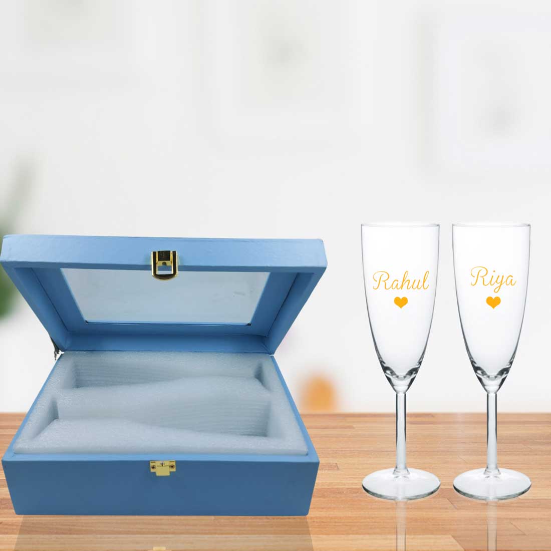 Gift Box with Pair of Champagne Glasses for Couple - Black Boxes Available