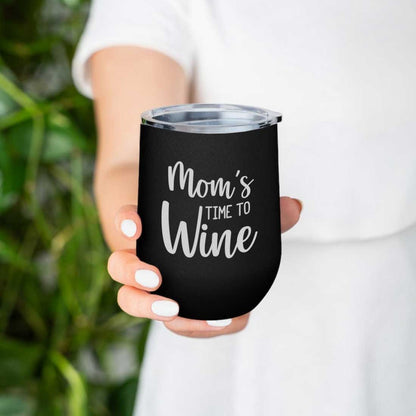 Designer Steel Travel Coffee Flask Mug With Lid Gift for Mothers Day Gifts - Mom's Time To Wine