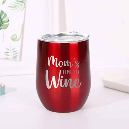 Designer Steel Travel Coffee Flask Mug With Lid Gift for Mothers Day Gifts - Mom's Time To Wine