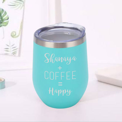 Personalized Coffee Cup with lid Name Engraved Stainless Steel Mug-Happy