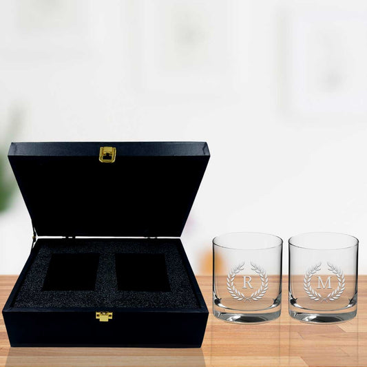 Custom Whiskey Glass Set with Monogram in a Black Gift Box
