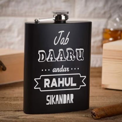 Customized Engraved Flask for Men Stainless Steel Hip Flasks  - Jab Daaru Andar