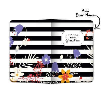 Floral Customized Passport Holder - Black Floral Strips Nutcase