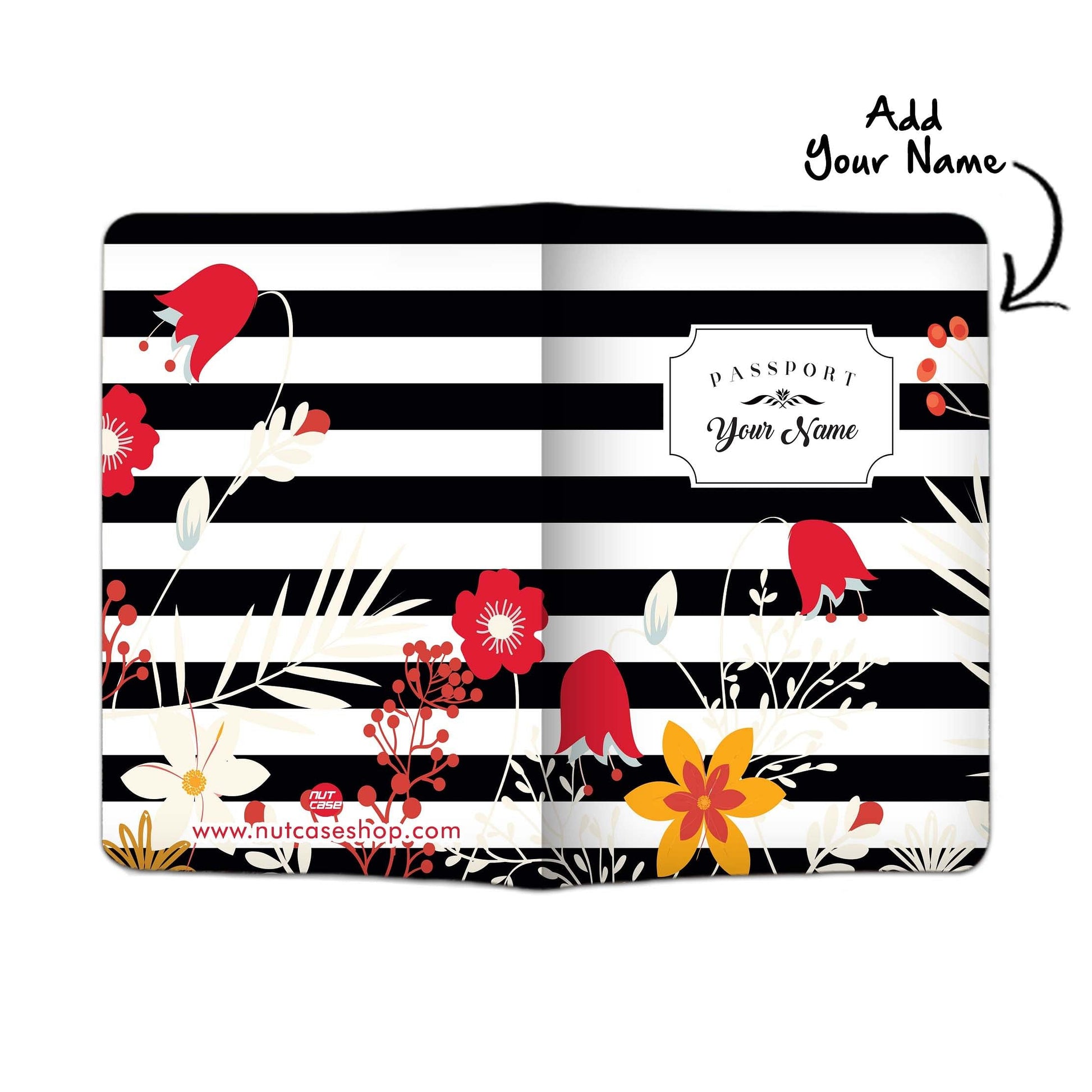 Customized Passport Holder - Red Folwers With Black Strips Nutcase