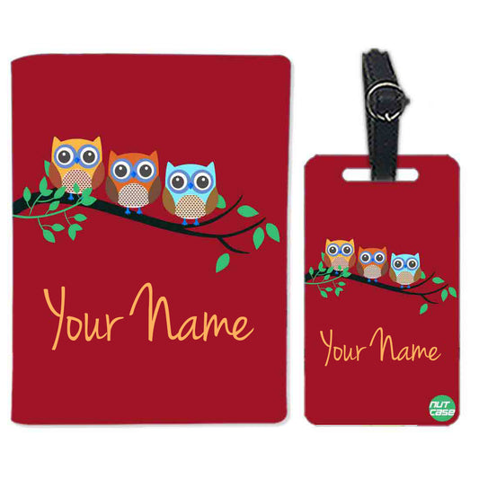 Personalised Passport Cover and Baggage Tag Combo - Small Owls Red Nutcase
