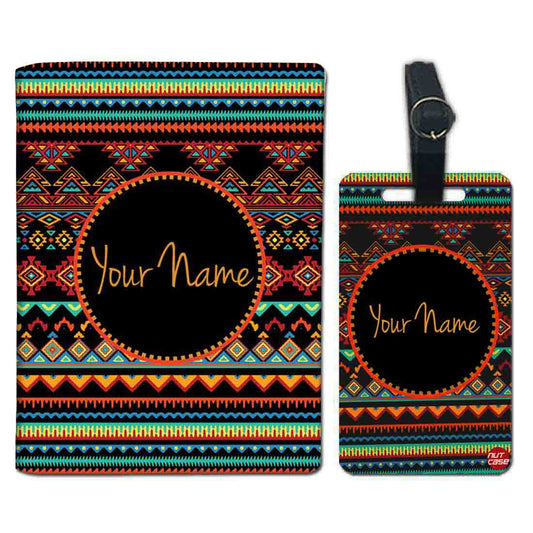 Personalized Passport Cover Baggage Tag Set - Vintage Aztec Pattern Nutcase