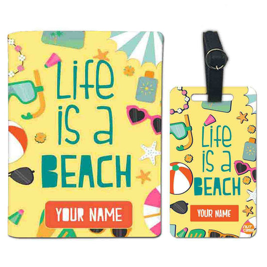 Personalised Passport Cover Luggage Tag Set - Life is A Beach Yellow Nutcase