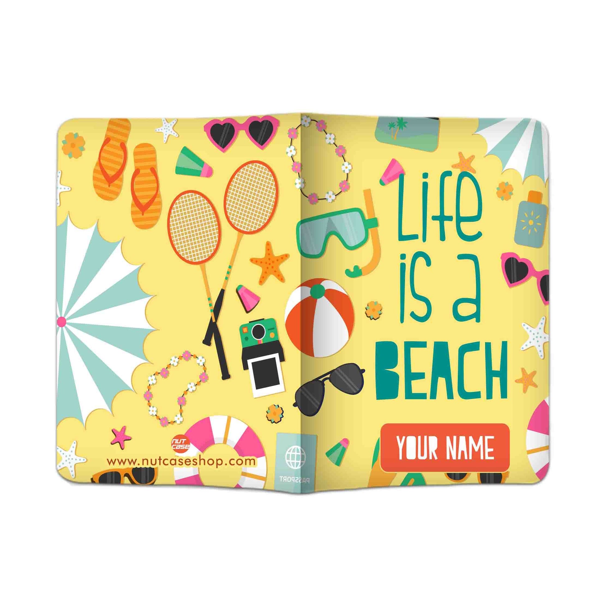 Personalised Passport Cover Luggage Tag Set - Life is A Beach Yellow Nutcase