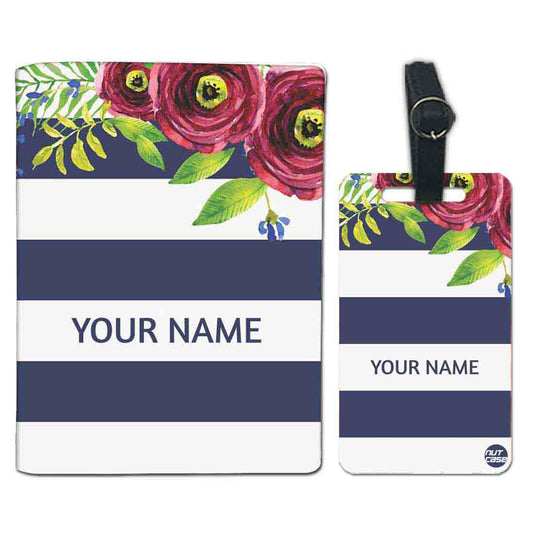Customized Passport Cover and Luggage Tag Set - Flower with Blue Strips Nutcase