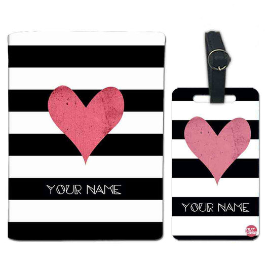 Customized Passport Cover and Baggage Tag Set - Pink Heart with Black Strips Nutcase
