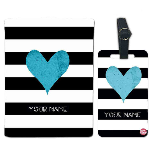 Personalized Passport Cover With Name Suitcase Tag - Blue Heart with Black Strips Nutcase