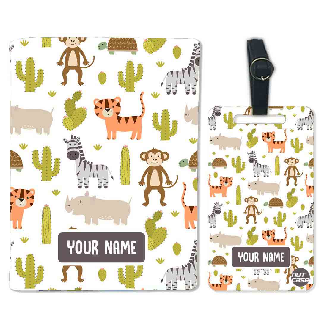 Personalized Children Passport Cover Luggage Tag Set - Animals and Cactus Nutcase