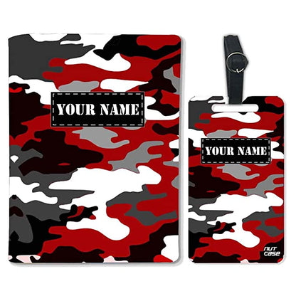 Personalized Passport Cover Baggage Tag Set -Black Red Camouflage Nutcase