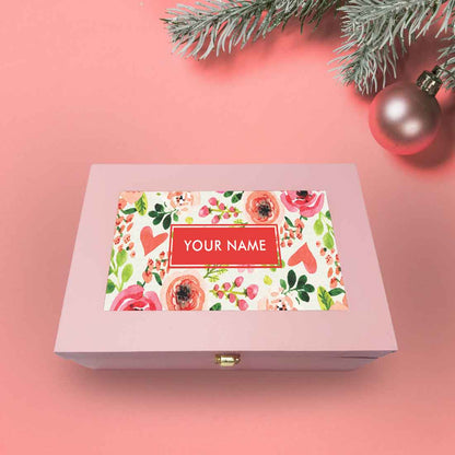 Custom Pink Gift Box with Name Vegan Leather - Flower