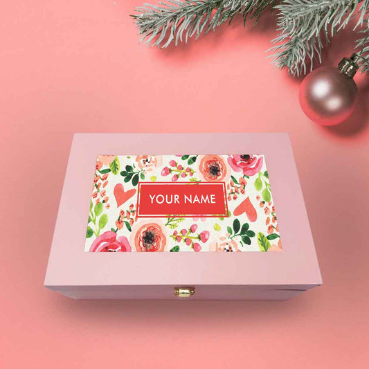 Custom Pink Gift Box with Name Vegan Leather - Flower