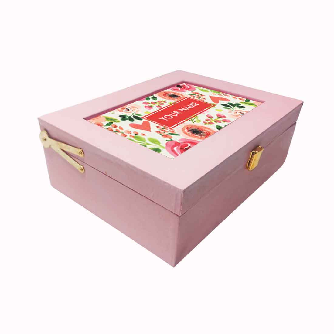 Custom Pink Gift Box with Name Vegan Leather - Flower