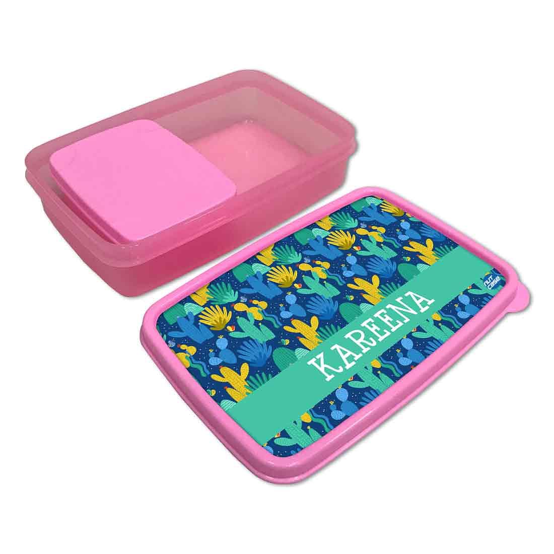 Personalized Snack Box for Kids Plastic Lunch Box for Girls -Blue Green Cactus Plant Nutcase